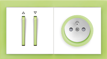 Neo biela / ľadová zelená: Spínač / ovládač žalúziový, Zásuvka jednonásobná s clonkami